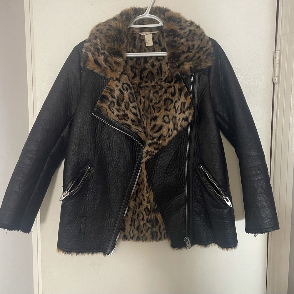 H&M faux leather/cheetah fur Moto jacket